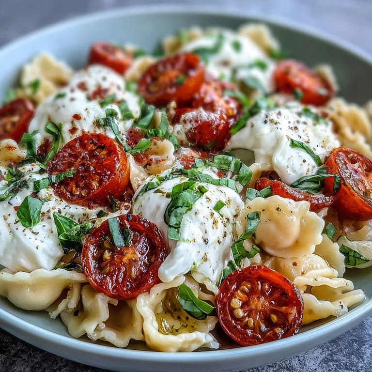 Silky burrata melts into hot pasta with cherry tomatoes, basil, and garlic for a summer Italian dinner.