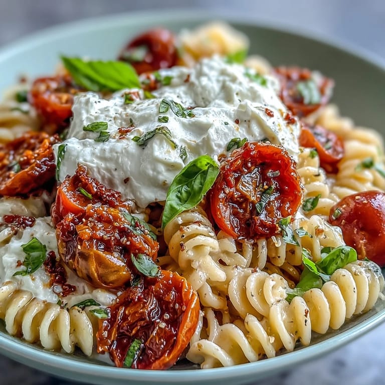Bright tomatoes and fragrant basil top tender pasta, crowned with luscious burrata for a vibrant vegetarian main.