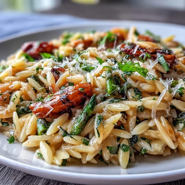 Creamy spring orzo primavera featuring vibrant vegetables, cherry tomatoes, and a hint of lemon zest for a fresh finish.