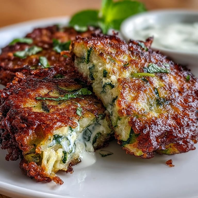 Zucchini fritters studded with feta, fried to crispy perfection and paired with a cool, creamy yogurt mint sauce.