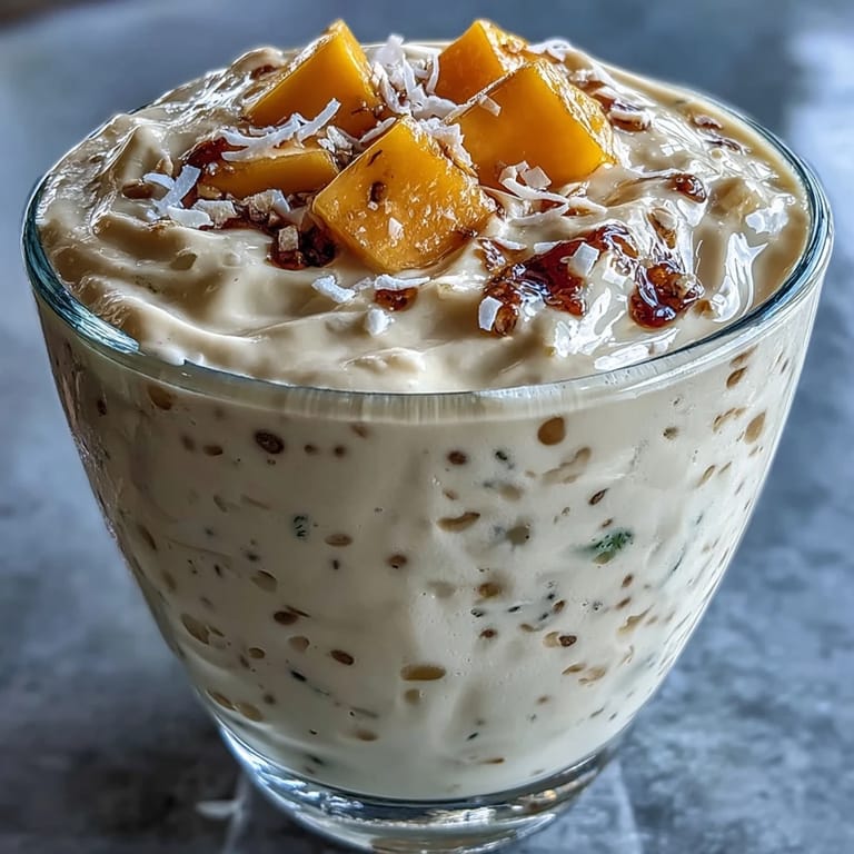 Refreshing chia smoothie blending sweet mango, rich coconut milk, and crunchy seeds for a healthy breakfast.  