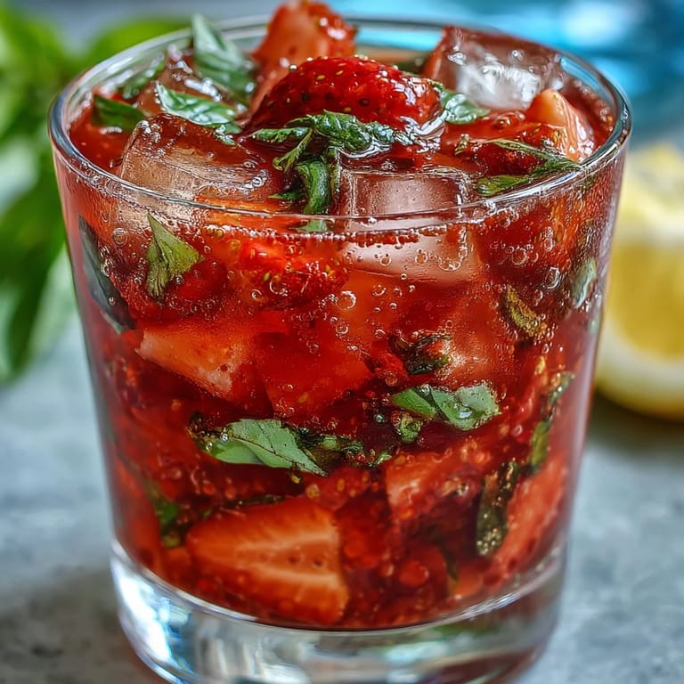 Vibrant strawberry basil mocktail featuring juicy strawberries, aromatic basil leaves, and fizzy water for a perfect summer drink.