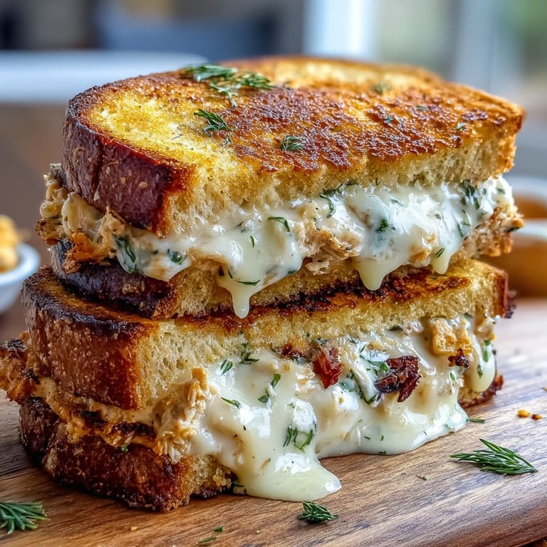 Creamy tuna salad layered with melted cheddar and dill pickles, grilled to golden perfection on buttered rye bread.