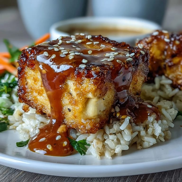 Golden, oven-baked tofu with a crunchy coating, paired with fluffy brown rice and a savory peanut sauce for a satisfying vegan bowl.  