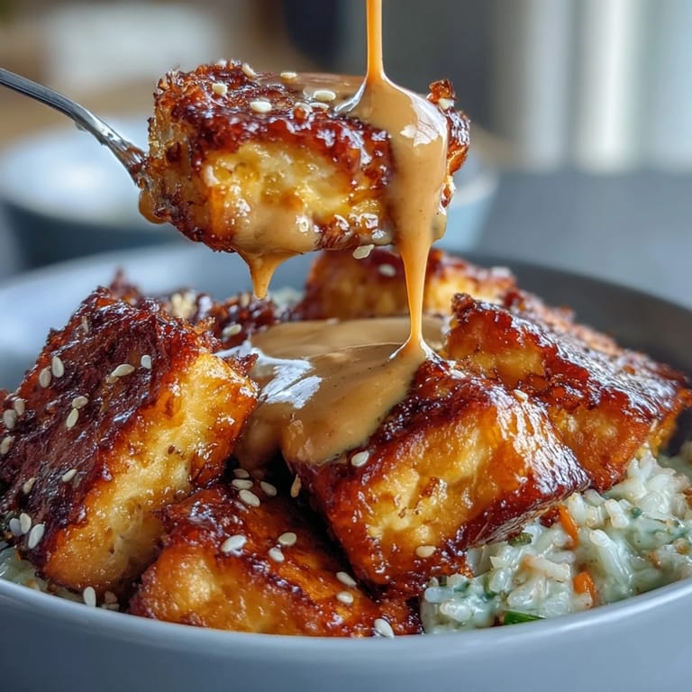 Crispy tofu and vibrant vegetables arranged over brown rice, finished with a rich peanut sauce and fresh herbs for a hearty plant-based meal.