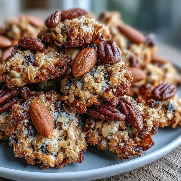 Homemade granola clusters with golden oats and crunchy nuts, baked to perfection for a hearty, satisfying snack or breakfast treat.