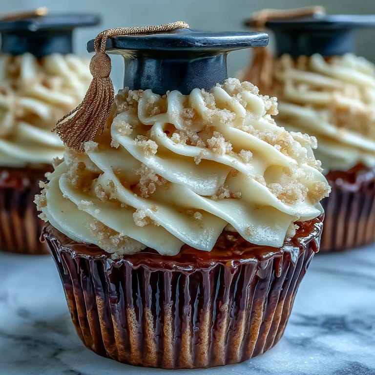 Vanilla cupcakes decorated with creamy buttercream and handmade black and gold fondant graduation cap toppers.