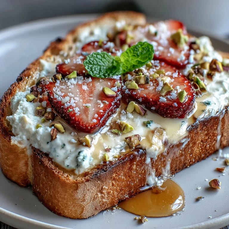 Elegant strawberry ricotta toast with honey drizzle and pistachios, perfect for a quick breakfast or snack.
