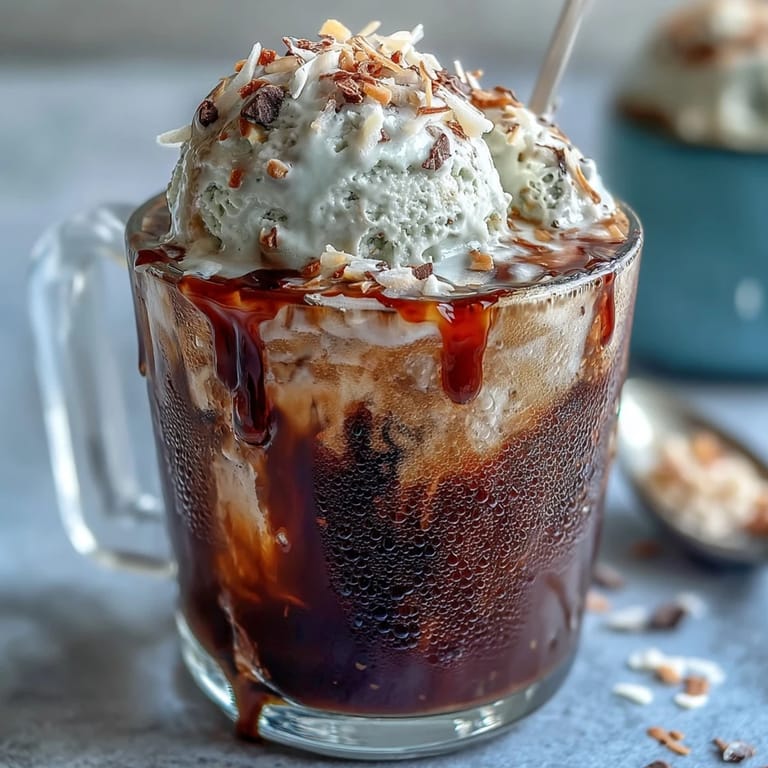 Smooth coconut cold brew coffee poured over ice with a generous scoop of vanilla bean ice cream melting into the drink.  