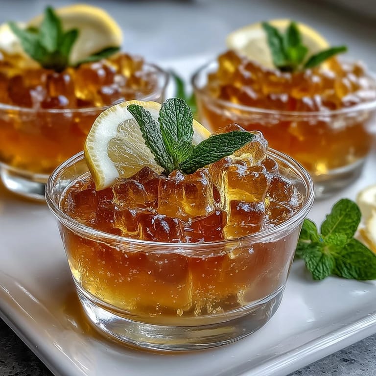 Clear glass cups filled with lemon-flavored jelly encasing gummy bears, creating a visually stunning treat perfect for parties, with bright citrus hues and fun candy textures.
