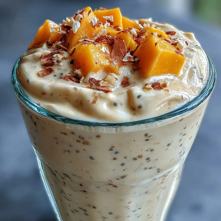 Tropical mango coconut chia smoothie topped with fresh mango cubes and coconut flakes for extra flavor.