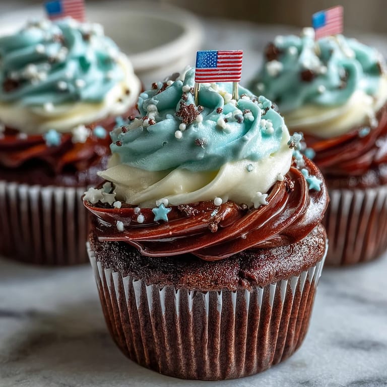 Deliciously decorated Star-Spangled Banner Cupcakes, ready for your Fourth of July party.