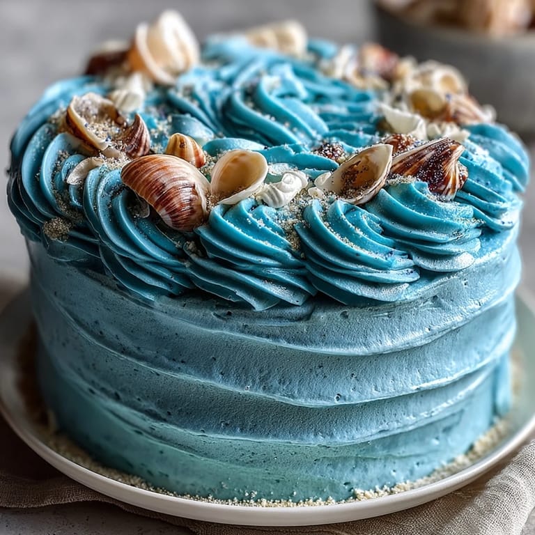 Seaside-inspired Cancer Zodiac Cake featuring vanilla layers and beautiful edible shells.