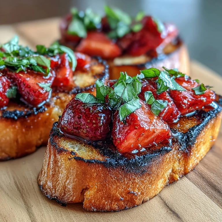 Crispy grilled sourdough bites topped with fresh strawberries and sweet balsamic glaze.