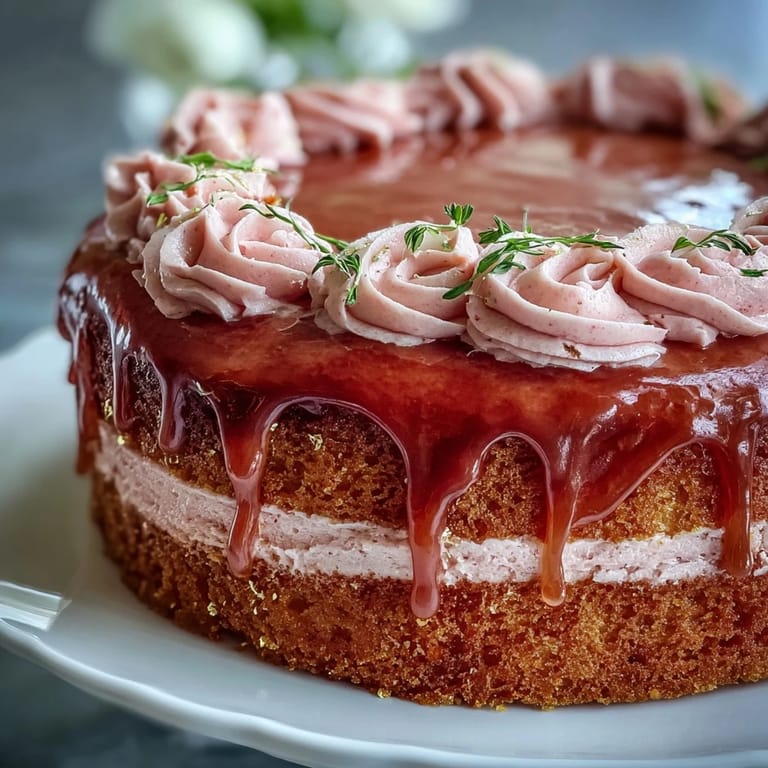 Showstopping Bridal Shower Rosé Velvet Cake, glistening with edible gold accent drips.