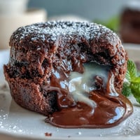 Freshly baked Hojicha Lava Cake releasing a molten roasted green tea ganache center onto a white plate.