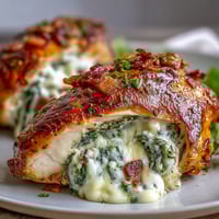 Golden-brown Keto Spinach and Bacon Stuffed Chicken Breasts rest in a baking dish, finished with a glossy garlic butter drizzle.