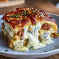 Savory dumpling lasagna bake with ground pork and cabbage, featuring tender wrappers, juicy filling, and bubbling mozzarella cheese topping.