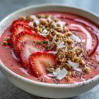 Vibrant strawberry protein smoothie bowl topped with fresh berries, crunchy granola, and seeds for a nourishing breakfast.