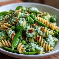 Vibrant Spring Green Goddess Pasta Salad with Peas and Herbs, bursting with fresh vegetables and creamy herb dressing.  