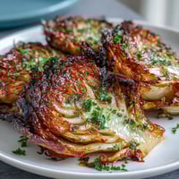 Air Fryer Crispy Cabbage Steaks with Garlic Butter - golden, tender cabbage rounds with crispy edges and rich garlic butter drizzle.  