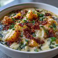 Creamy St. Patricks Day loaded baked potato soup with crispy bacon, green onions, and melted cheddar in a hearty bowl.