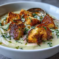 Creamy Leek and Potato Soup with Sourdough Croutons served in a rustic bowl, topped with golden, crisp sourdough croutons and fresh chives.