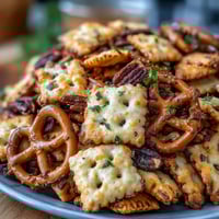 Crunchy sourdough Cheez-Its snack mix with roasted nuts and pretzels, seasoned with garlic, onion, and smoked paprika for a savory treat.  