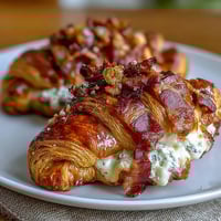 Ham and Swiss croissant bake with golden crust and melted cheese, served in a white casserole dish.