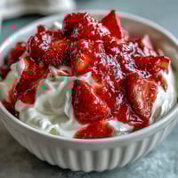 Strawberry compote drizzled over Greek yogurt with fresh mint garnish.  