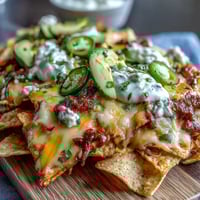 Vibrant Soccer Game Day Nachos with Cheese Sauce, loaded with melty cheddar, fresh jalapeños, and cool sour cream.