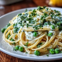 Creamy ricotta and lemon linguine with peas, bright citrus zest, and tender pasta in a light spring dish.