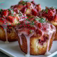 1. Strawberry Lemon Muffins with Glaze: golden-topped muffins bursting with juicy strawberries and zesty lemon, drizzled with a glossy citrus glaze.