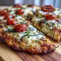 Golden-baked Crispy Garlic Parmesan Naan Pizza with melted mozzarella, cherry tomatoes, and fresh spinach on a dark slate counter.