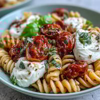 Caprese pasta with burrata features ripe cherry tomatoes, fresh basil, and creamy burrata over al dente fusilli.