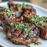 Lamb chops with mint gremolata served on a white platter with fresh herbs and lemon zest.