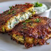 Crispy zucchini fritters with feta and yogurt mint dipping sauce, golden brown and perfect for sharing.  