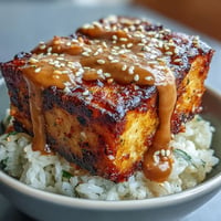 Crispy baked tofu cubes served over nutty brown rice and drizzled with creamy peanut sauce, topped with fresh vegetables and herbs.  