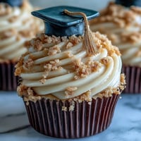 Graduation cupcakes with black and gold fondant caps, featuring vanilla buttercream and handmade edible toppers.  