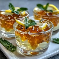 Vibrant gummy bear lemonade jelly cups with colorful candies suspended in refreshing lemon gelatin, garnished with fresh mint leaves and lemon slices for a playful summer dessert.
