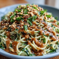 Cold Peanut Sesame Noodles with crisp cucumber, ready to serve.