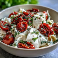 Summer Caprese Pasta with Burrata and Basil: creamy burrata melting over vibrant tomatoes.